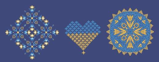 cross-stitch yellow blue colors,folk embroidery isolated on dark background vector