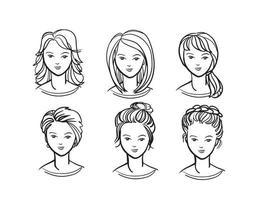 Girl hair set. The face of a pretty girl. pretty haircut. long, long, curly hair. hair salon and trendy hairstyle. Vector icon set isolated