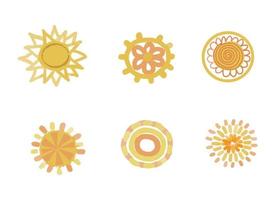 vector sun shapes. Rising sun, sunset, dawn illustrations set. Fire colors round shape, watercolour stains. Orange red yellow circle, flaming crown frame. Maslenitsa.
