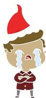 flat color illustration of a man crying wearing santa hat vector