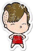 distressed sticker of a cartoon squinting girl in dress vector