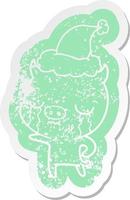 cartoon distressed sticker of a pig crying wearing santa hat vector