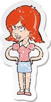 retro distressed sticker of a cartoon annoyed woman with hands on hips vector