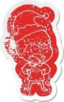 cartoon distressed sticker of a shocked man wearing santa hat vector