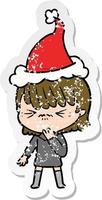 distressed sticker cartoon of a girl regretting a mistake wearing santa hat vector