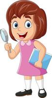 Cute little girl holding a book and magnifying glass vector