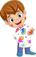 niño pequeño de dibujos animados pintando con huellas de manos coloridas