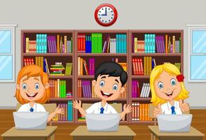 Cartoon kids study with computer in the class room vector