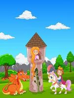 Beautiful princess with long hair at a castle, and a prince riding a horse vector
