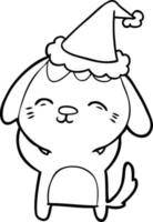 happy line drawing of a dog wearing santa hat vector