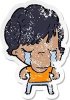 distressed sticker of a cartoon woman crying vector