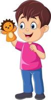 Cartoon little boy playing lion puppet vector