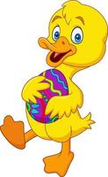 Cartoon duckling holding a decorated Easter egg vector