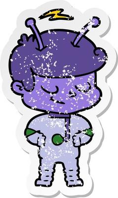distressed sticker of a friendly cartoon spaceman