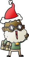 gradient cartoon of a joyful man with beard and parcel under arm wearing santa hat vector