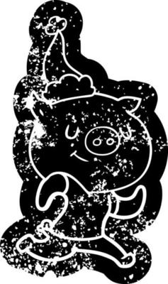 happy cartoon distressed icon of a pig running wearing santa hat