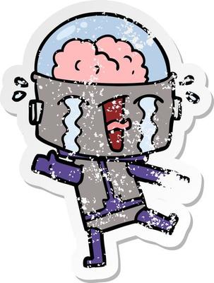 distressed sticker of a cartoon crying robot