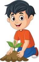 lindo niño plantando una planta vector