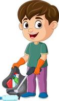 Cartoon boy collecting plastic garbage with litter stick vector