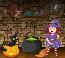 Cartoon little witch holding a broomstick in the room vector