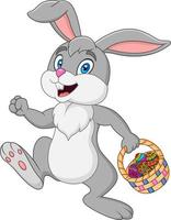 Easter bunny rabbit with Easter basket full of decorated Easter eggs vector