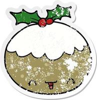 distressed sticker of a cute cartoon christmas pudding vector