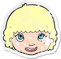 retro distressed sticker of a cartoon happy female face vector