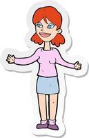 sticker of a cartoon happy woman shruggin shoulders vector