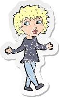 retro distressed sticker of a cartoon woman with no worries vector