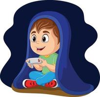 Little boy playing a video game under blanket vector