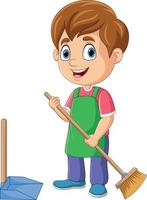 Cartoon little boy sweeping the floor vector