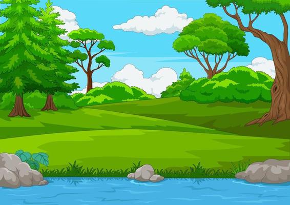 Forest scene with many trees and river illustration