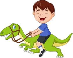 niño pequeño de dibujos animados montando un dinosaurio vector