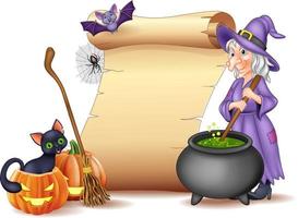 Halloween sign with witch stirring magic potion vector
