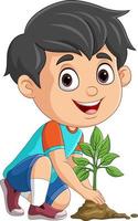 lindo niño plantando una planta vector