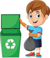 Cartoon little boy throws rubbish in garbage bin vector