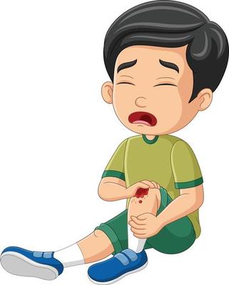 Cartoon little boy crying with scraped knee