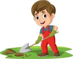 niño pequeño de dibujos animados cavando un hoyo con pala vector