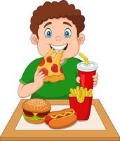 chico gordo comiendo comida chatarra vector