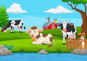 rebaño de vacas en el campo verde de verano vector