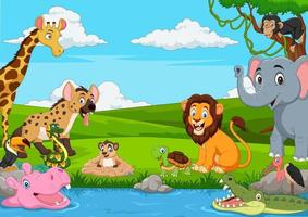 Cartoon African landscape with wild animals vector