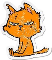 distressed sticker of a tough cartoon cat sitting vector