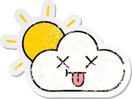 distressed sticker of a cute cartoon sunshine and cloud vector