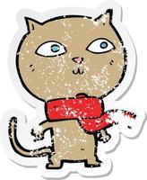 retro distressed sticker of a cartoon funny cat wearing scarf vector