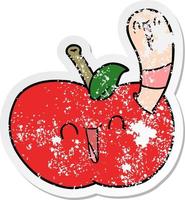 distressed sticker of a cartoon worm in happy apple vector