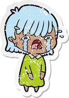 distressed sticker of a cartoon girl crying vector