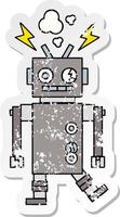 distressed sticker of a cute cartoon malfunctioning robot vector