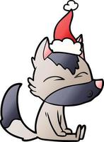 gradient cartoon of a wolf whistling wearing santa hat vector