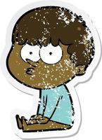 distressed sticker of a cartoon boy sat waiting vector