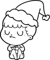 line drawing of a grumpy boy wearing santa hat vector
